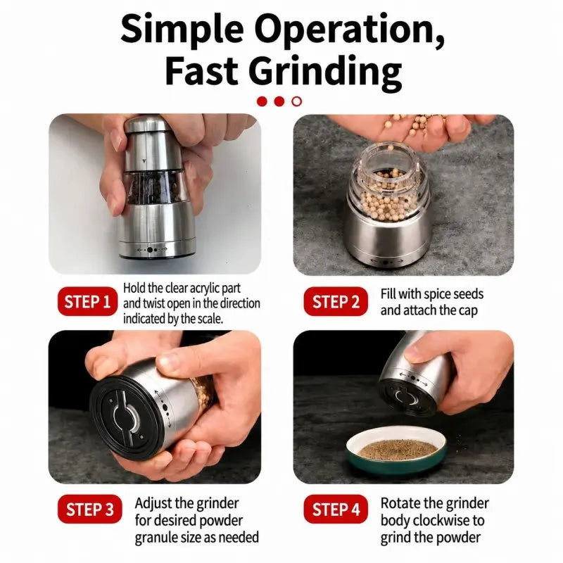 Stainless Steel Cylindrical Manual Pepper Grinder - Kitchenware with Adjustable Coarseness, Modern Kitchen Utensil for Home Everyday Cooking
