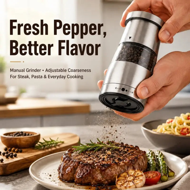 Stainless Steel Cylindrical Manual Pepper Grinder - Kitchenware with Adjustable Coarseness, Modern Kitchen Utensil for Home Everyday Cooking