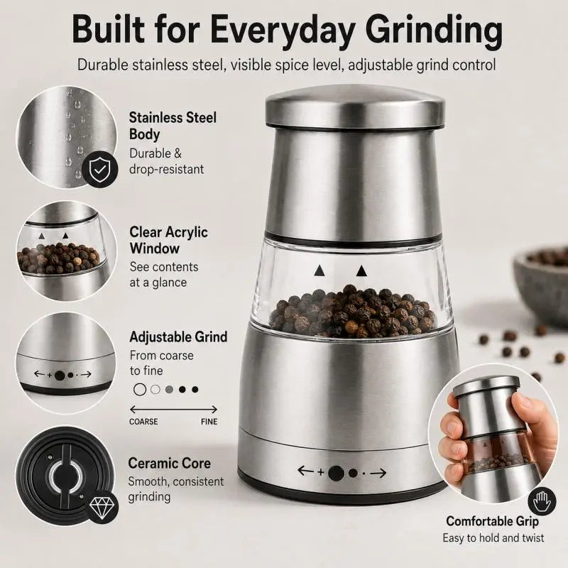 Stainless Steel Cylindrical Manual Pepper Grinder - Kitchenware with Adjustable Coarseness, Modern Kitchen Utensil for Home Everyday Cooking