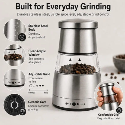 Stainless Steel Cylindrical Manual Pepper Grinder - Kitchenware with Adjustable Coarseness, Modern Kitchen Utensil for Home Everyday Cooking