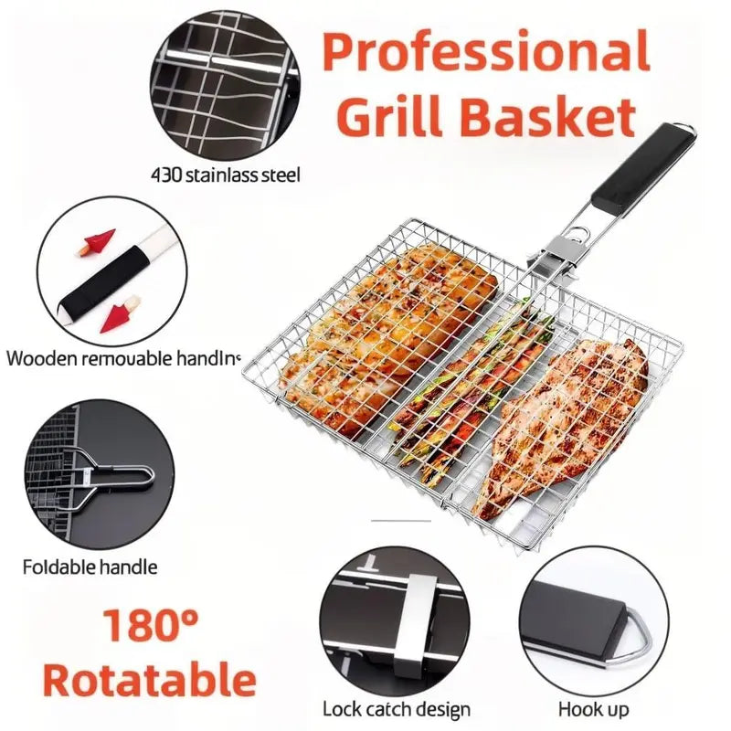 Summerwins Rectangular Carbon Steel Outdoor BBQ Grill Net - Single Roomier Sheet Grid Rack with Handle, Thick Durable Outdoor Cooking Barbecue Utensils for Home & Festive Supplies